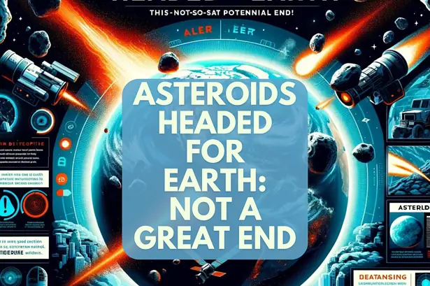 Asteroids approaching Earth warning with space debris and spacecraft visuals.