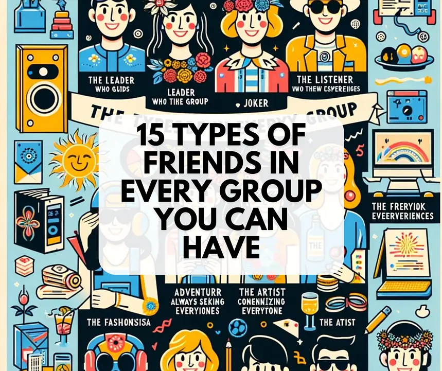 Diverse group of friends representing different roles and personalities in a vibrant, colorful desig.