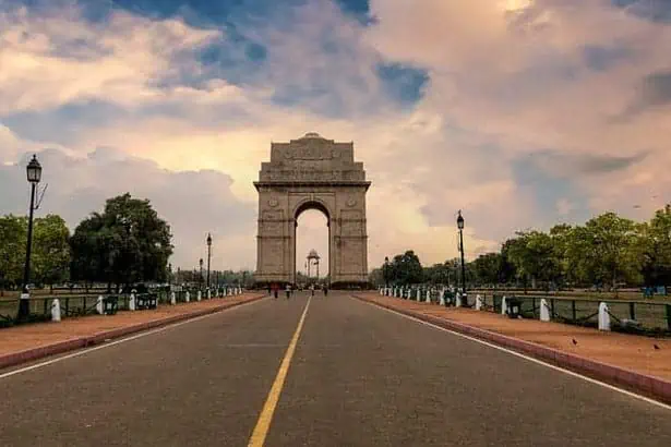 A distant view of India Gate during late evening