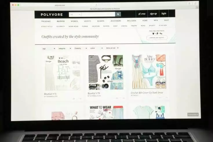 The homepage of the fashion website Polyvore opened on laptop