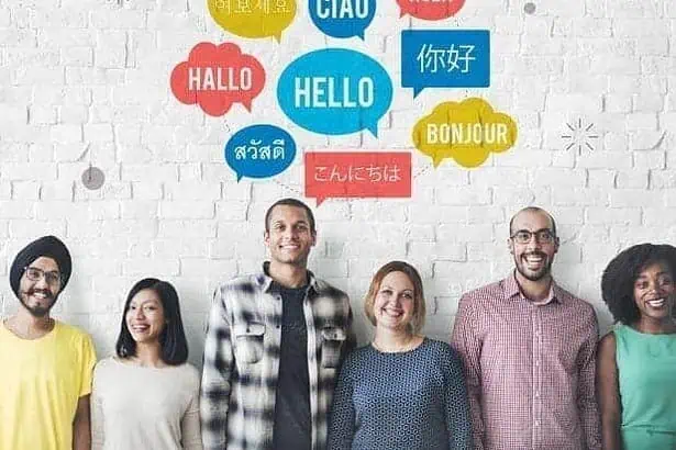 People form different countries speaking different languages