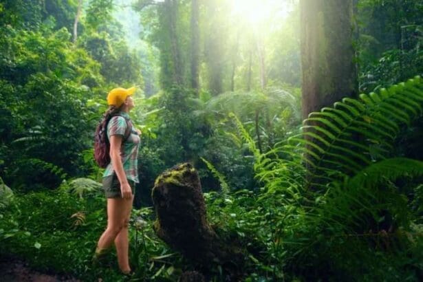 Woman standing in the middle of a forest