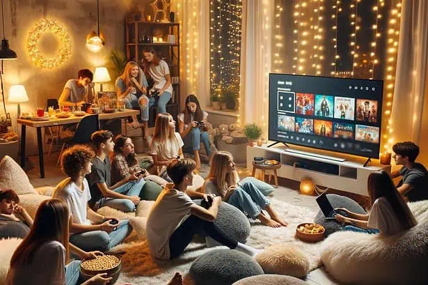 Teens enjoying a movie night at a home party.