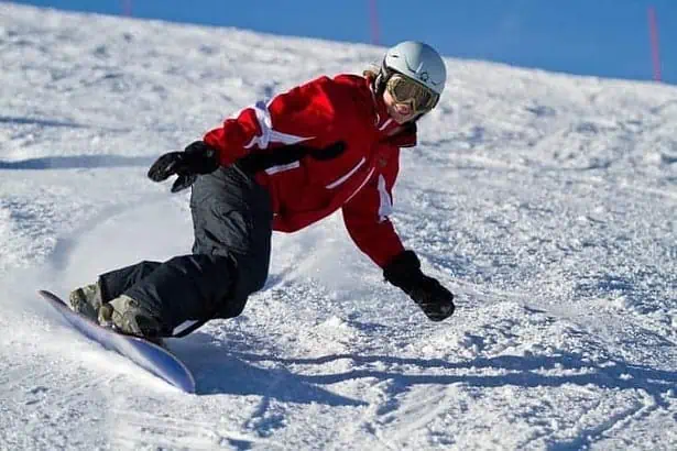 a beginner snowboarding in Mammoth Mountain, California, USA
