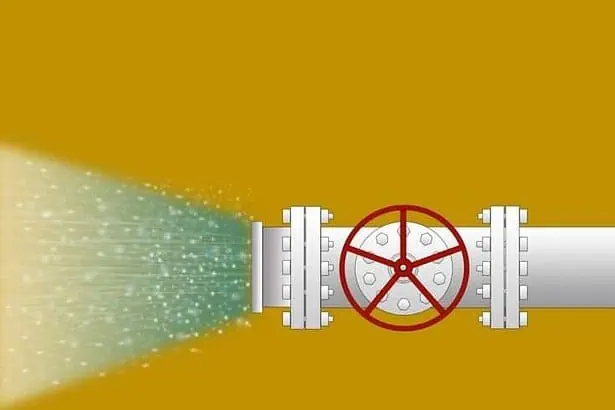 pipeline illustration on dark yellow background. A leak with a pressure of blue liquid escapes from the gas pipeline of the water supply.