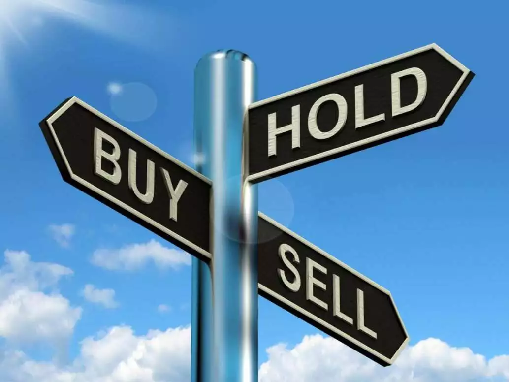 Buy Hold And Sell Signpost Represents Stocks Strategy. 