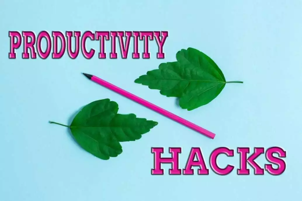 7 Proven Productivity Hacks to Work like a Pro 2 Handwriting text Productivity Hacks, Word Written on tricks that you get more done in the same amount of time Two Objects Arranged Facing Inward Outward On a Separated Coloured Background.
