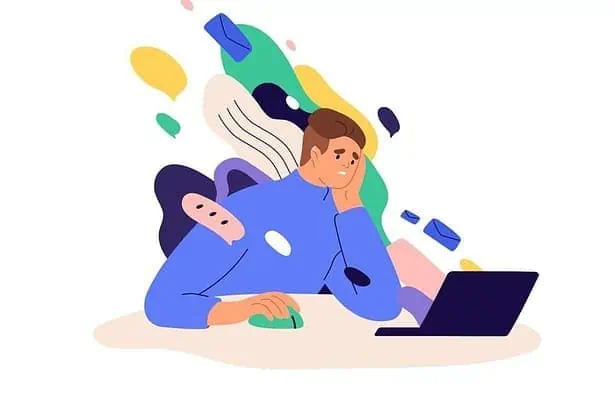 Infobesity. Man sitting and working in computer.