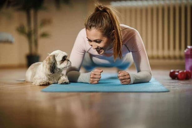 An attractive young woman doing plank exercises at home during the day supporting by her pet dog.