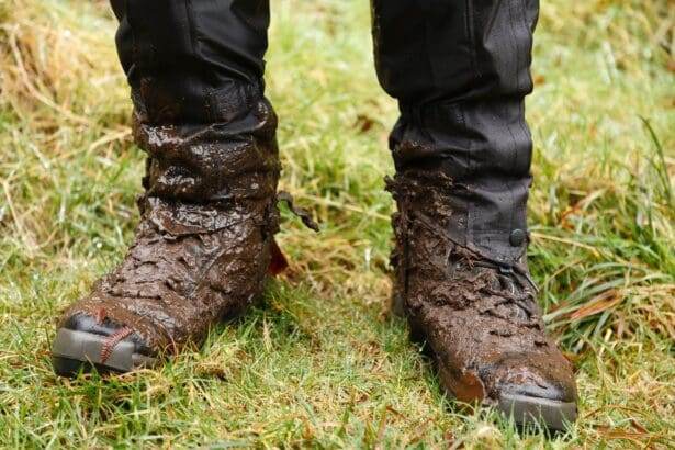 Muddy hiking boots and waterproof gaiters