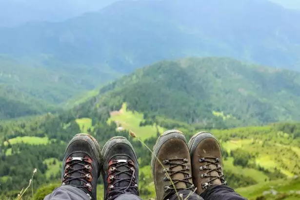 Hiking boots of traveler