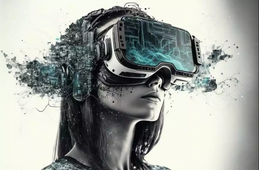 Woman wearing virtual reality headsets.
