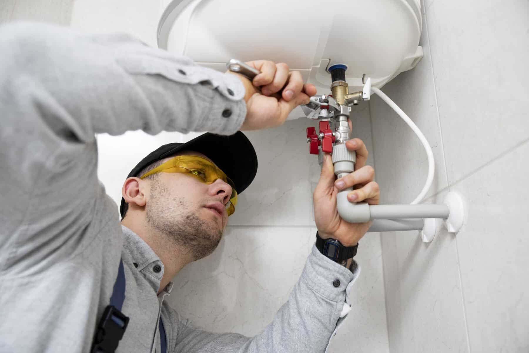 Plumber repairing a pipe under a sink with tools, wearing safety glasses.