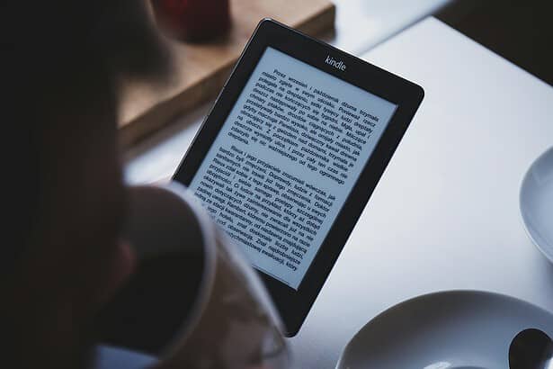 E-reader displaying a book on Kindle device for digital reading.