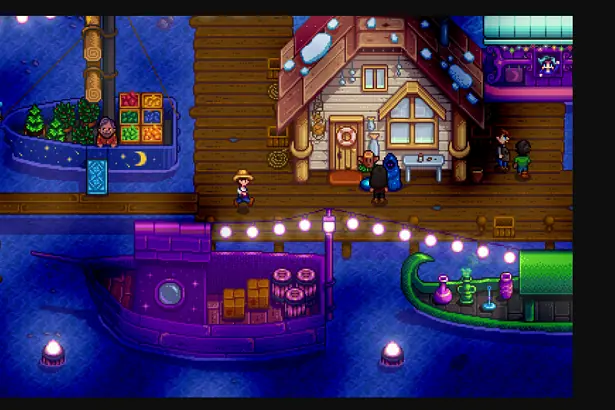 Cozy winter harbor scene with houses, boats, and festive lights in pixel art style.