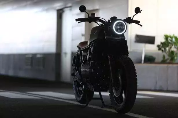 A photograph of a parked motorcycle
