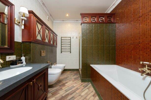 Brown bathroom with white vanity and bathtub