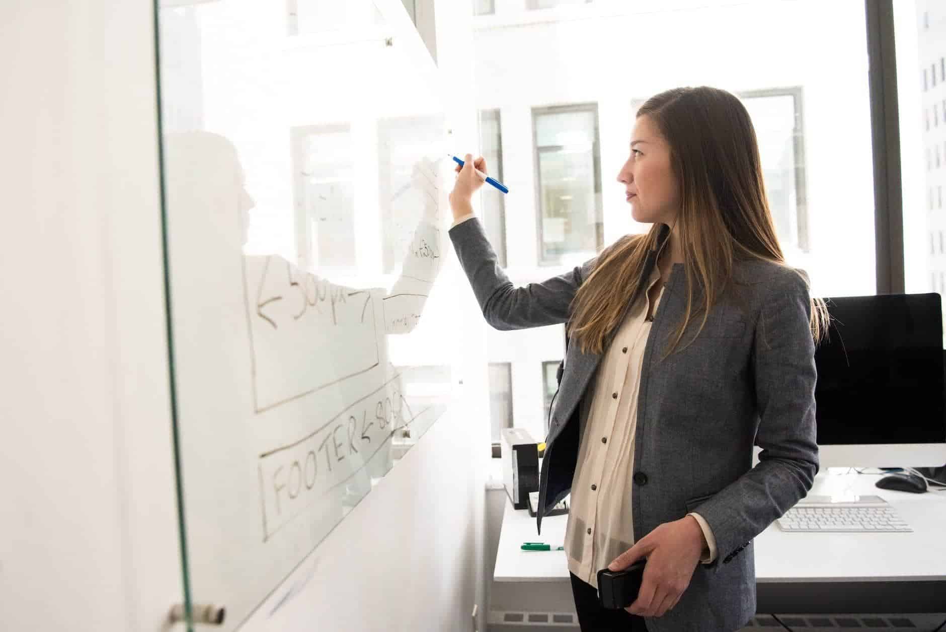 Home Icy 43 Businesswoman presenting on whiteboard in office.