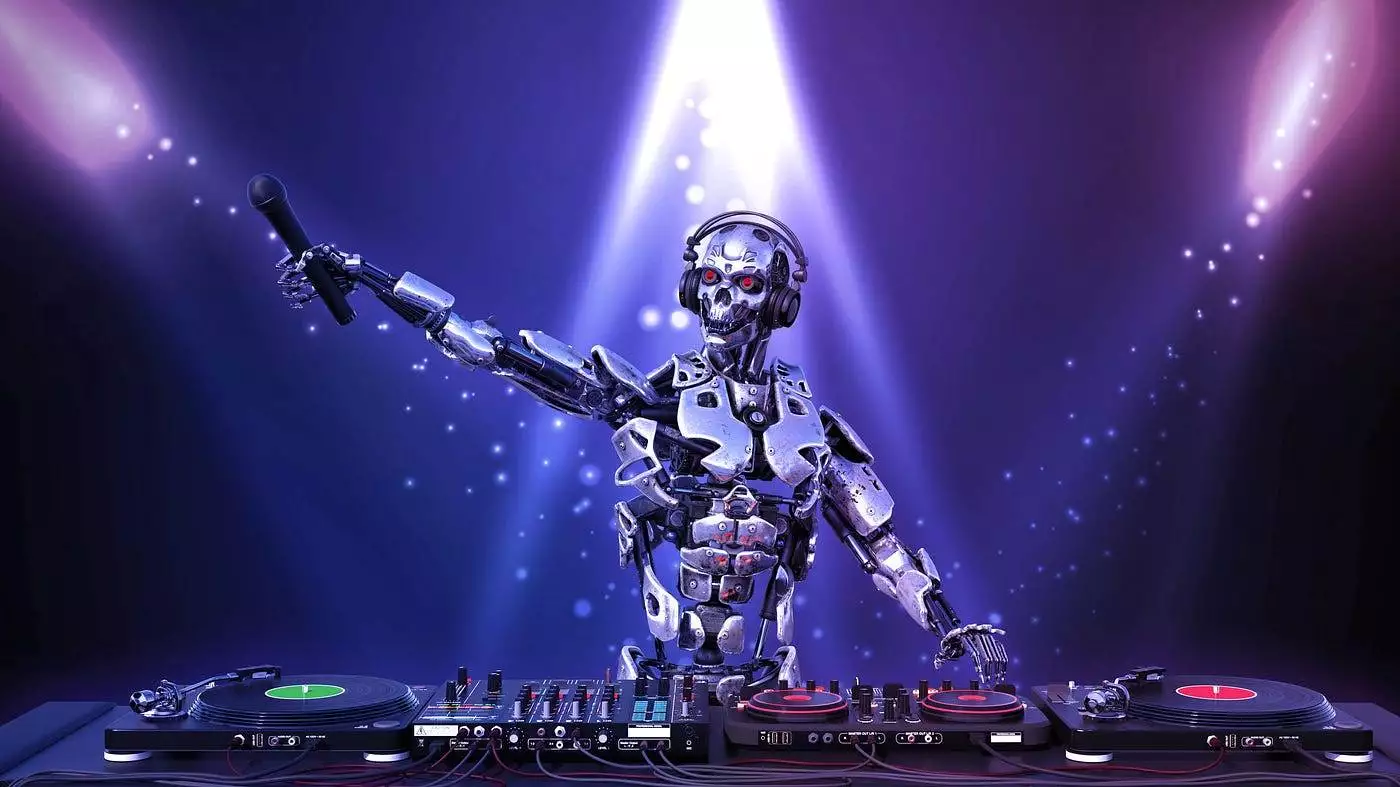 AI Robot DJ performing at a futuristic music event.