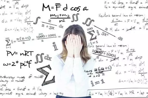 A woman is confused with all the equations written around her.