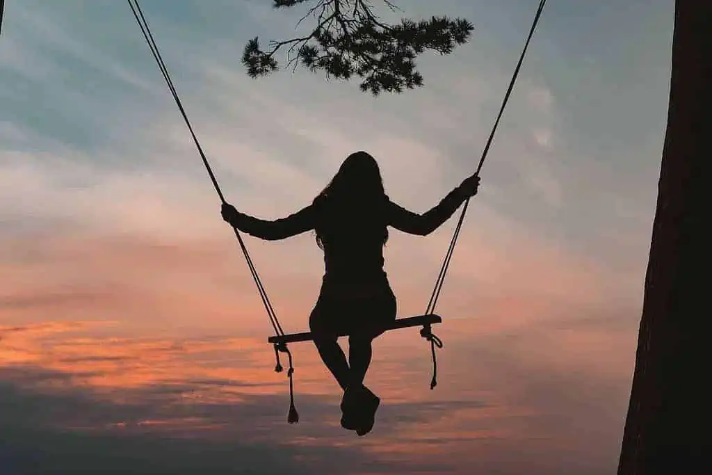 a silhouette of a girl swinging on her swing set