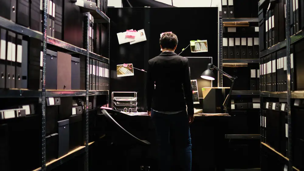 Man browsing bookshelves in a library storage room.