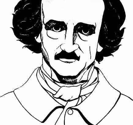 Edgar Allan Poe illustration in black and white.