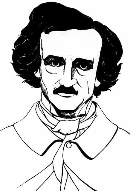 Edgar Allan Poe illustration in black and white.