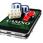 Smartphone with casino chips and dice representing online gambling.