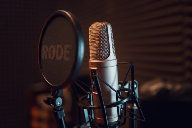 RODE studio microphone with pop filter for recording.