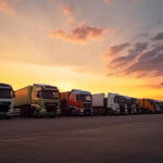Trucks lined up at a service station during a vibrant sunset.
