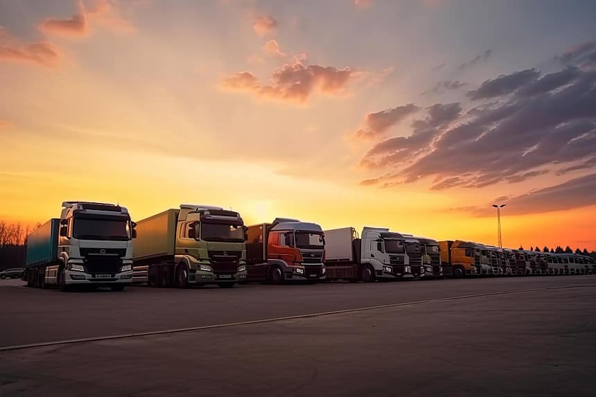 Trucks lined up at a service station during a vibrant sunset.