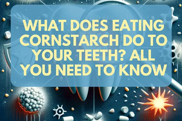 Illustration of teeth with cornstarch and dental care items, highlighting effects on oral health.