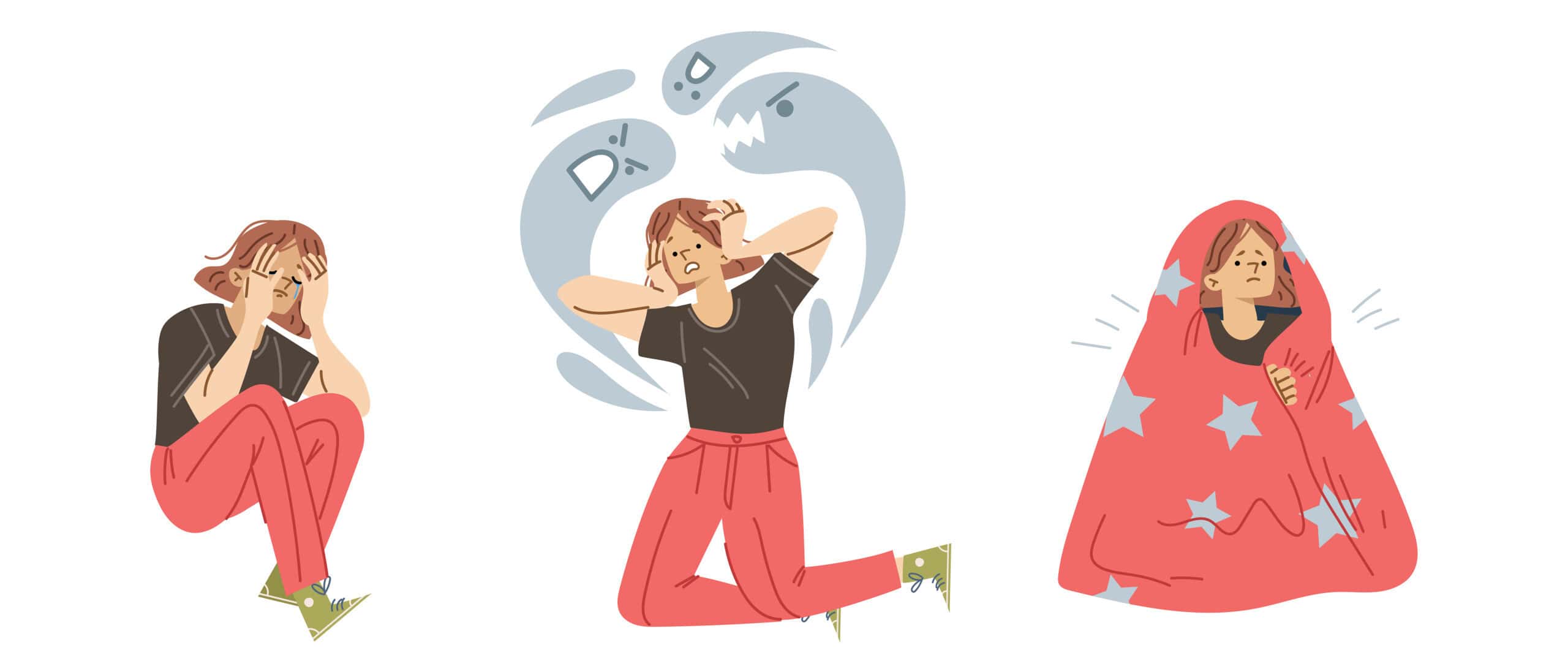 Home Icy 40 Series of illustrations showing stress, anxiety, and relaxation methods.