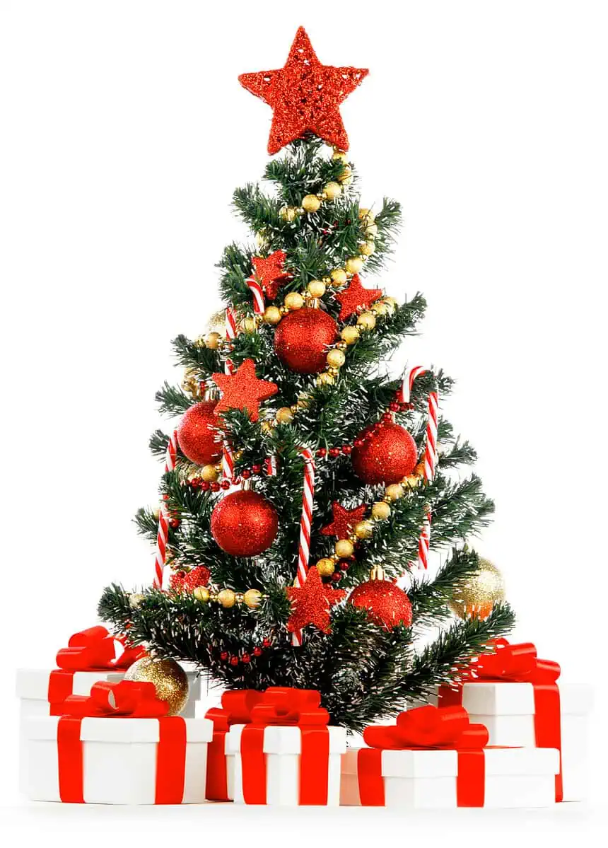 Christmas tree decorated with red and gold ornaments, stars, and candy canes, surrounded by wrapped.