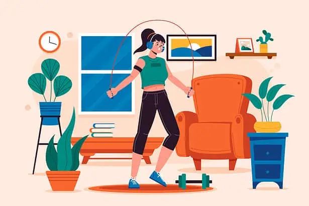 Woman exercising with jump rope in living room with plants and furniture.