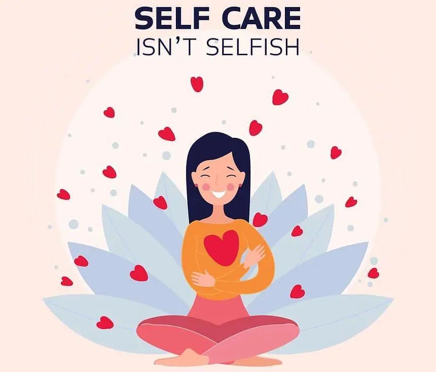 Woman practicing self-care with hearts around her, promoting mental health and well-being.