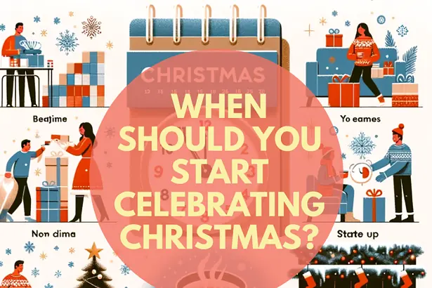 Festive Christmas scene with people decorating and celebrating around a Christmas tree.