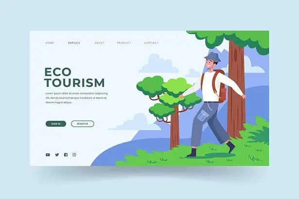 Eco tourist walking in nature with trees and mountains in the background.