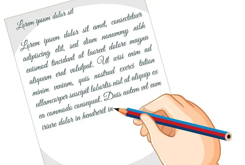 Hand holding a pen writing on paper with cursive text.