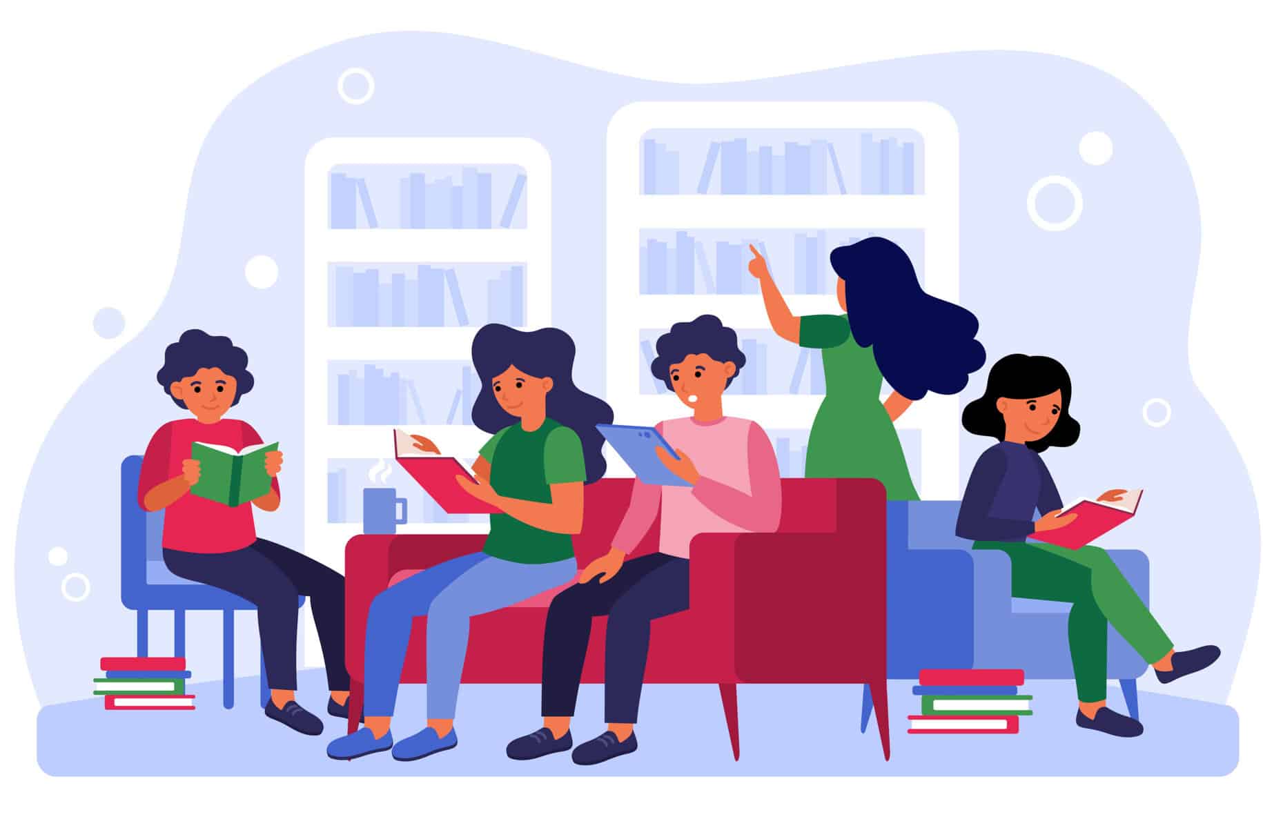 Reading in a cozy library with children and a librarian.