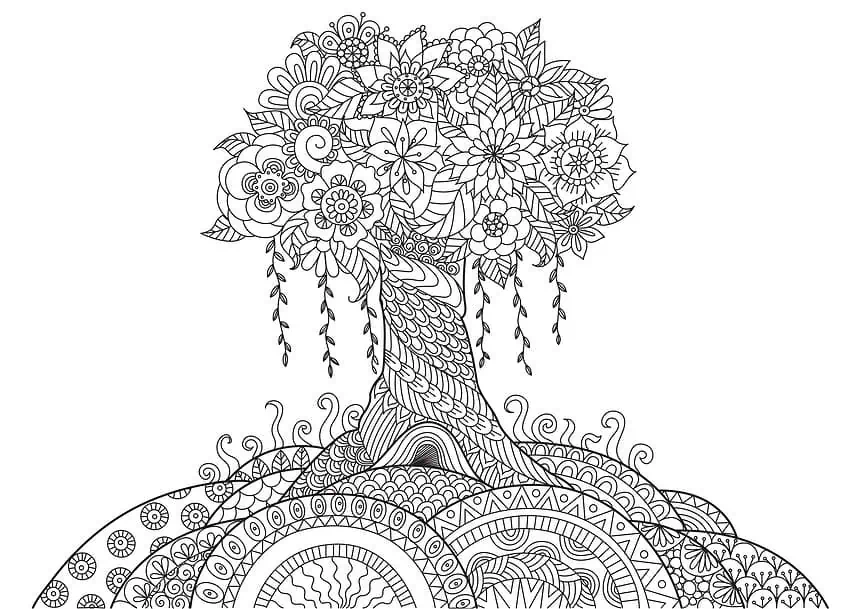 The Calm of Coloring: How Adult Coloring Books Became My Meditation 1 Colorful floral tree illustration for relaxation and creativity.
