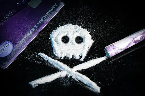 Cocaine powder shaped like a skull and crossbones on black surface.