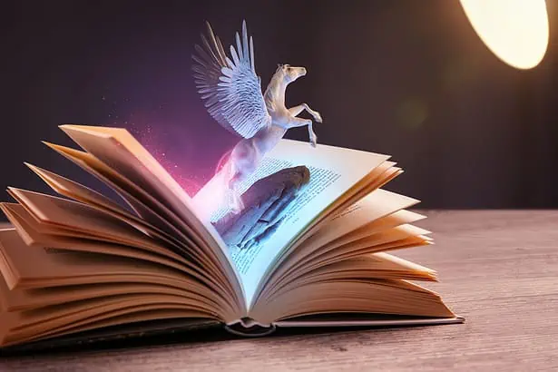 A fantastical open book with a glowing Pegasus emerging, symbolizing imagination and storytelling.