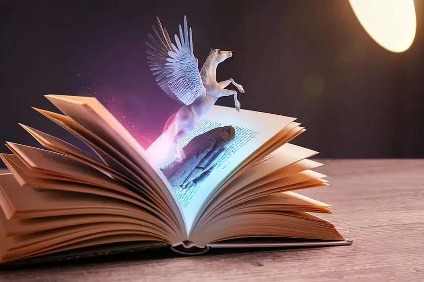 A fantastical open book with a glowing Pegasus emerging, symbolizing imagination and storytelling.