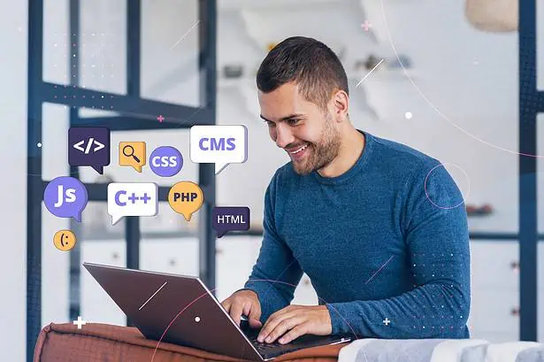 Coding enthusiast working on a laptop with programming language icons floating around.