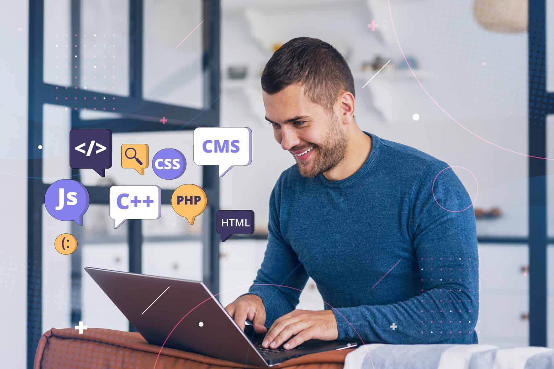 Coding enthusiast working on a laptop with programming language icons floating around.