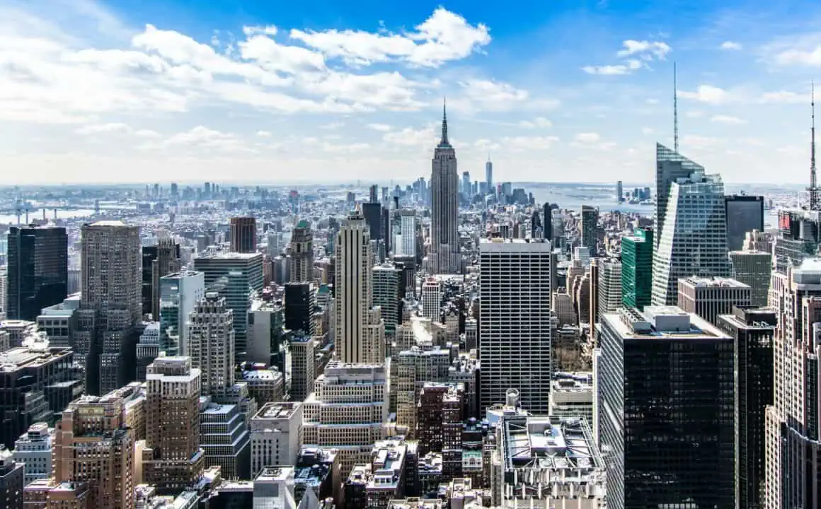 Empire State Building and Manhattan skyline from above.