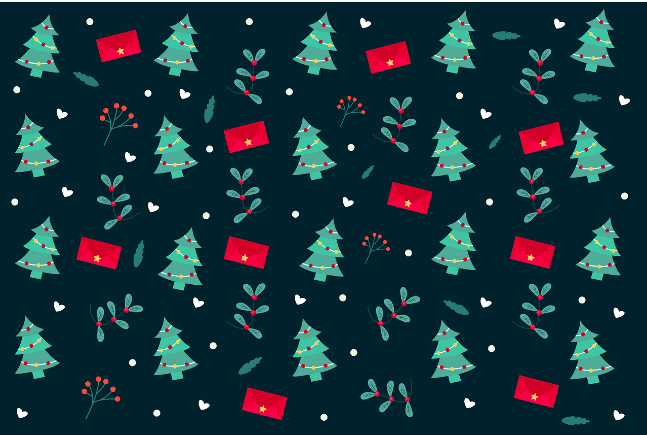 Christmas pattern featuring decorated trees, red envelopes, and holly leaves on a dark background.