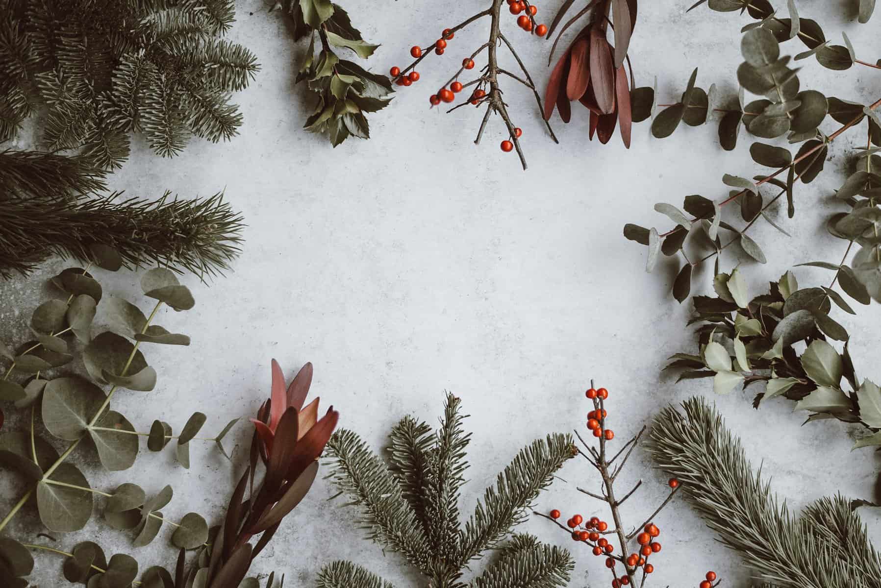 Holiday greenery with pine, eucalyptus, and red berries for Christmas decor.